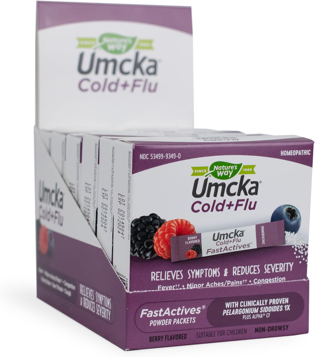 Nature's Way Umcka FastActives Berry Cold and Flu relief box front view displaying homeopathic powder packets