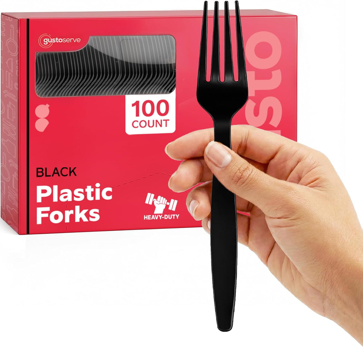 GUSTO heavy duty black plastic forks 100 count front view of box