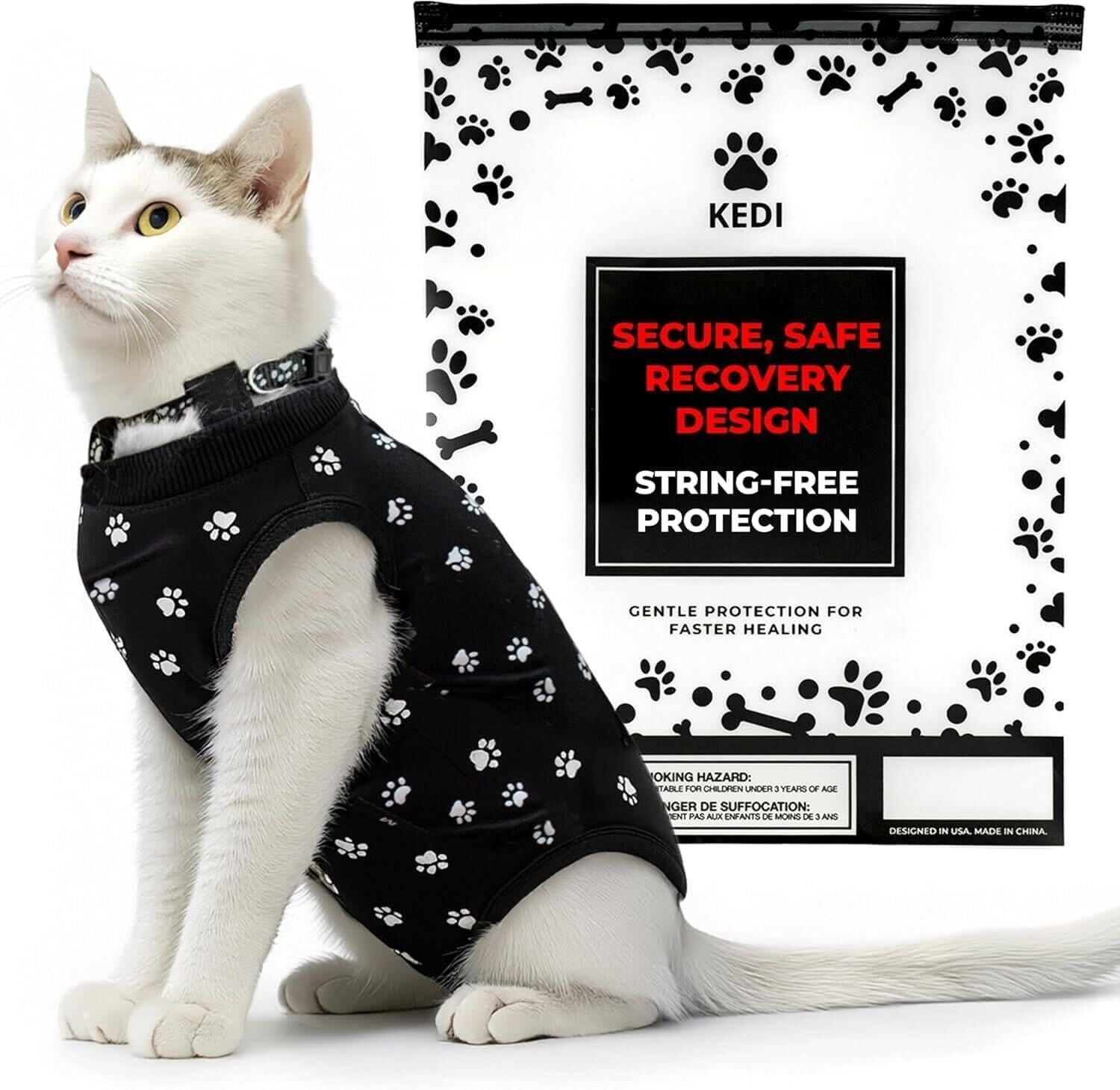 Kedi Cats Solutions cat surgery recovery suit front view on a feline.