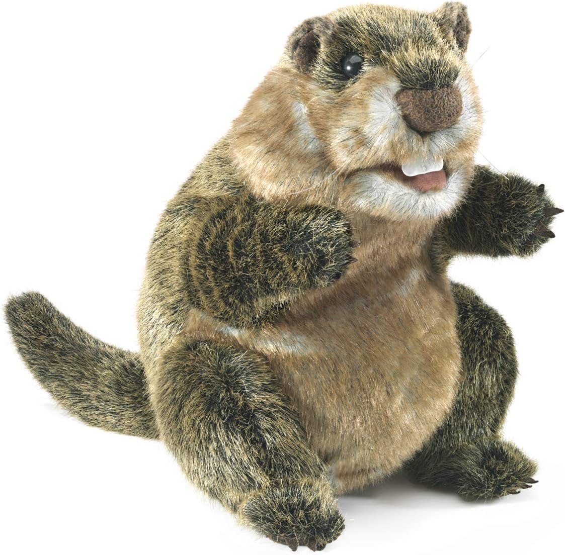 Folkmanis Groundhog Hand Puppet front view showing realistic brown and tan faux fur