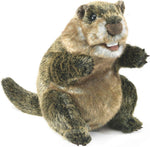 Folkmanis Groundhog Hand Puppet front view showing realistic brown and tan faux fur