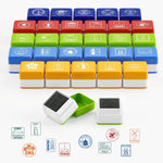 WAHXIAOSW passport stamps for kids learning set front view showing twenty-eight rubber pieces in a clear storage box