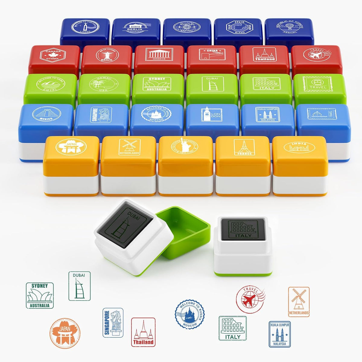 WAHXIAOSW passport stamps for kids learning set front view showing twenty-eight rubber pieces in a clear storage box