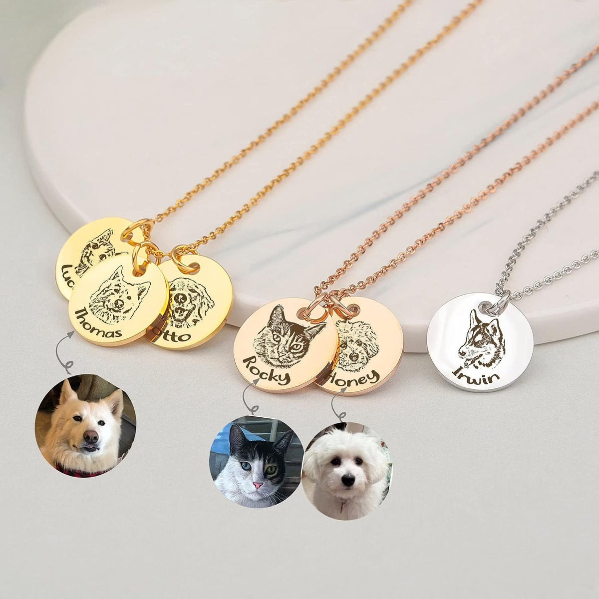 Close up of Anavia custom engraved pet photo necklace