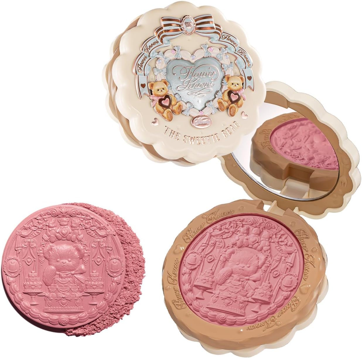Flower Knows Sweetie Bear Silk Satin Blush front view of biscuit compact