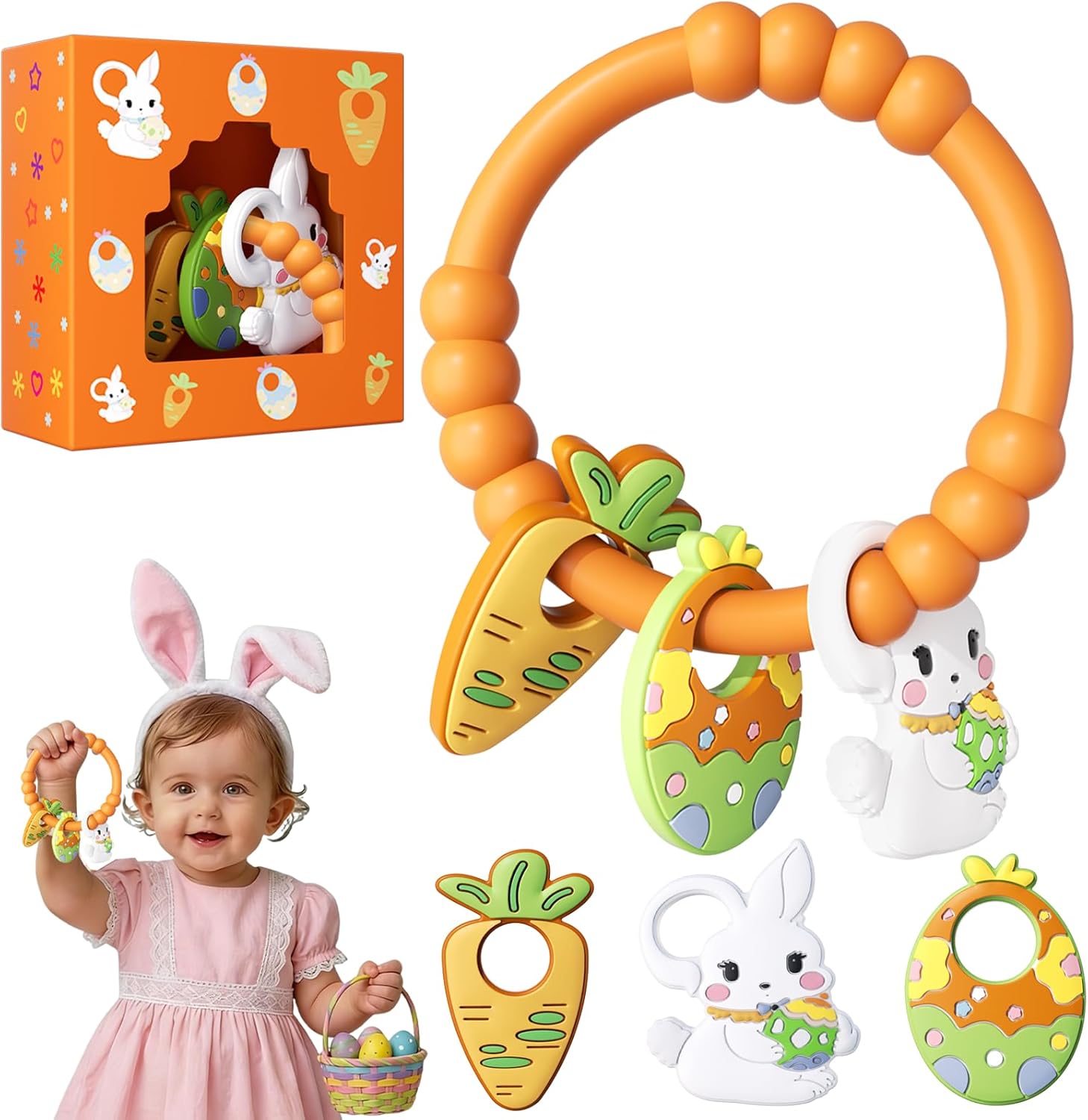 Xmoyaas Easter baby teething ring front view showcasing colorful textured silicone charms