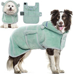 DENTRUN dog bathrobe front view showing green microfiber material and adjustable belly strap