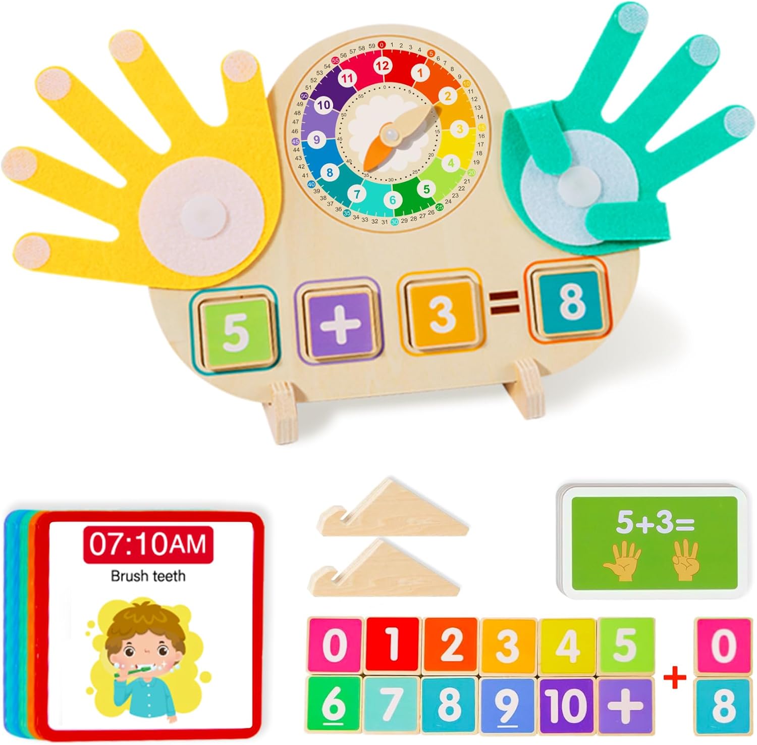 XWUX educational two in one math manipulatives front view showing wooden blocks and learning clock.