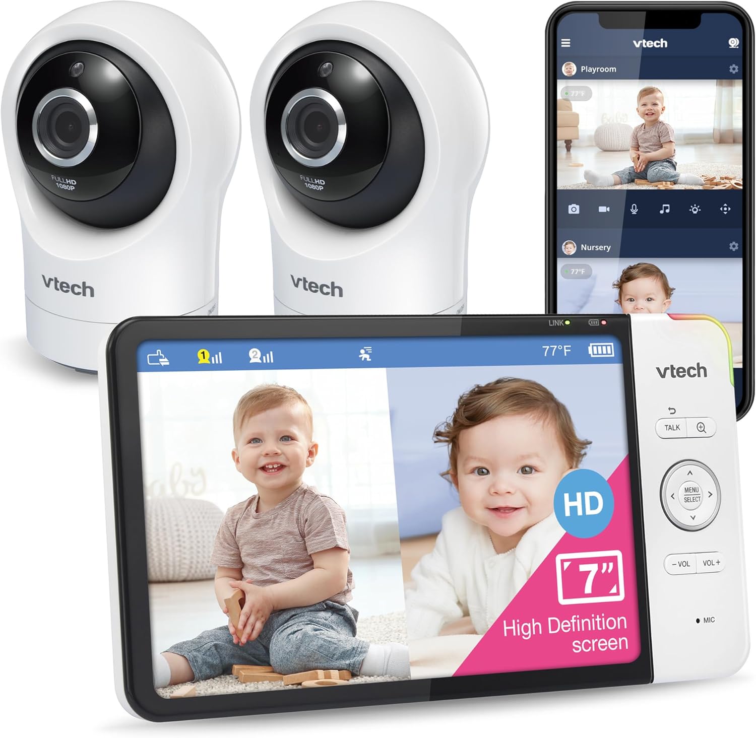 VTech RM7764-2HD baby monitor front view with two cameras and parent unit.