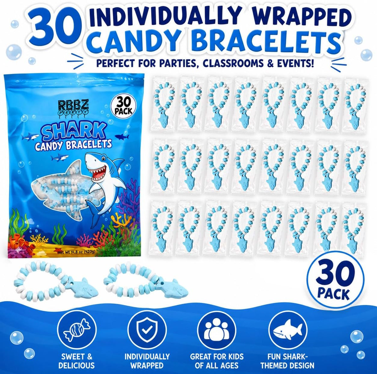 Ocean themed birthday goodie bag fillers featuring shark treats.