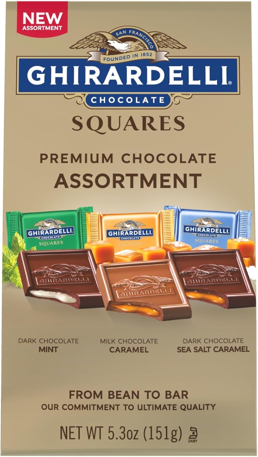 Back of the Ghirardelli assortment bag showing the nutrition facts and certified kosher ingredients list.