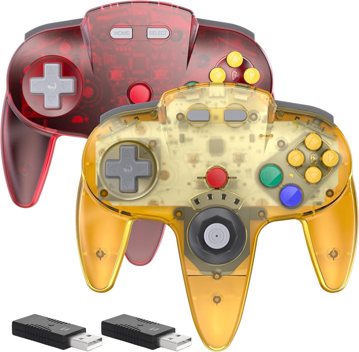 SAFFUN wireless N64 switch online controller front view showing clear yellow and clear red translucent designs.
