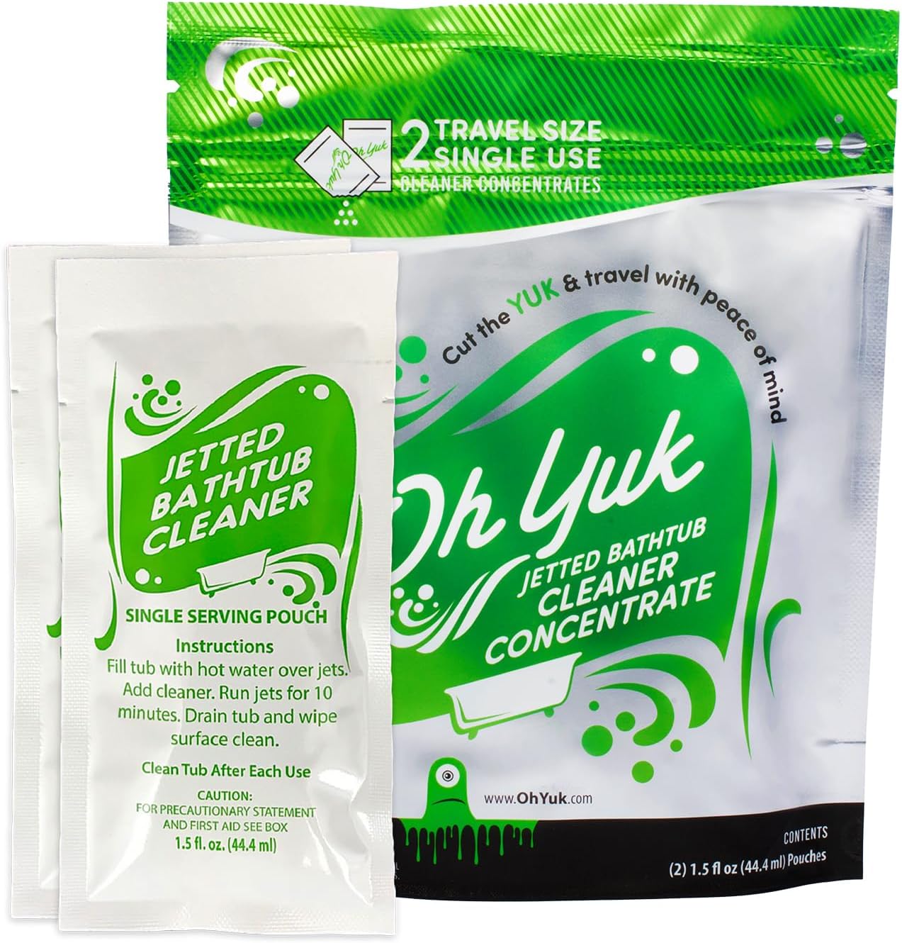 Oh Yuk Jetted Bathtub Cleaner Concentrate travel pouches front view for jacuzzi sanitation.