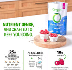 Orgain vegan protein container showing twenty five grams protein badge