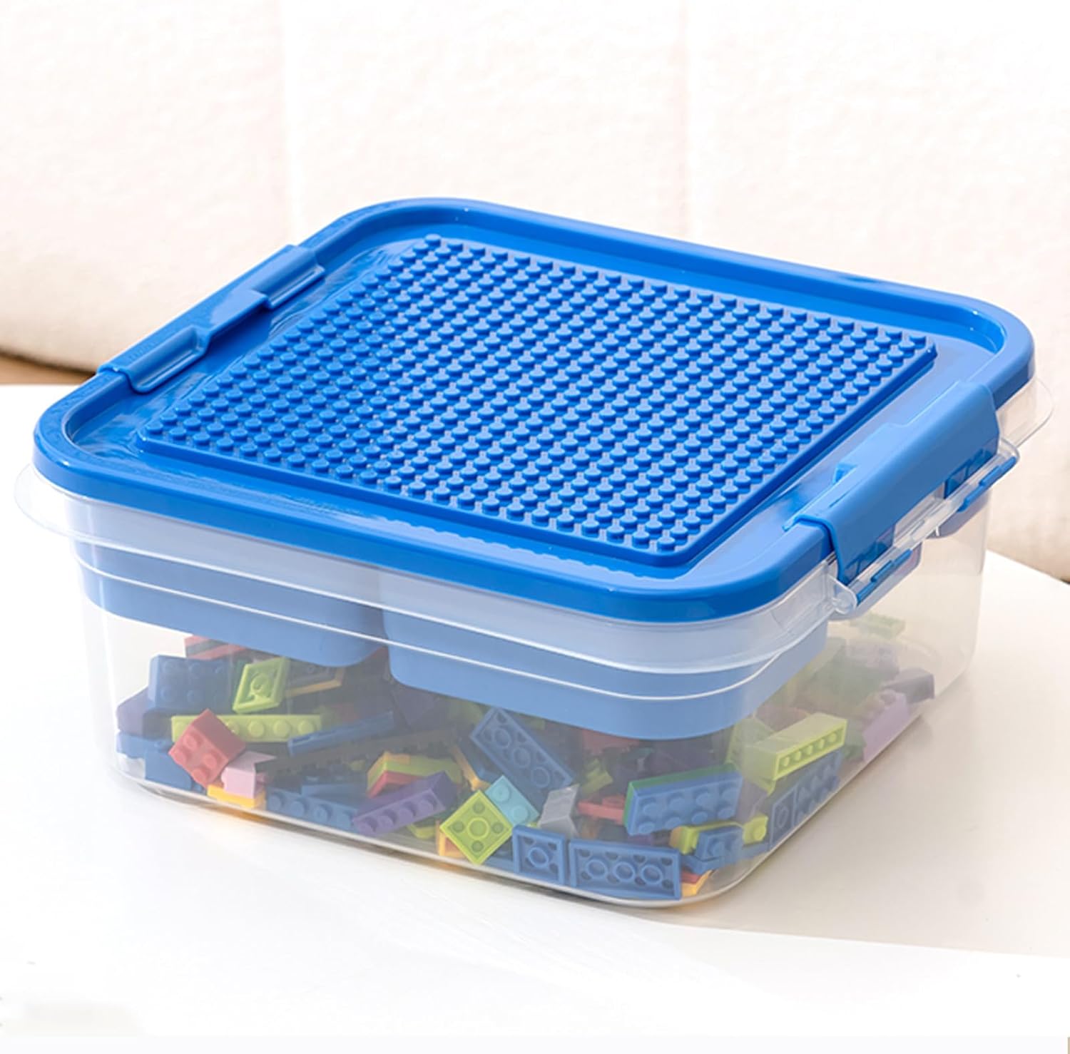 WMM Lego building blocks storage organizer bin front view blue
