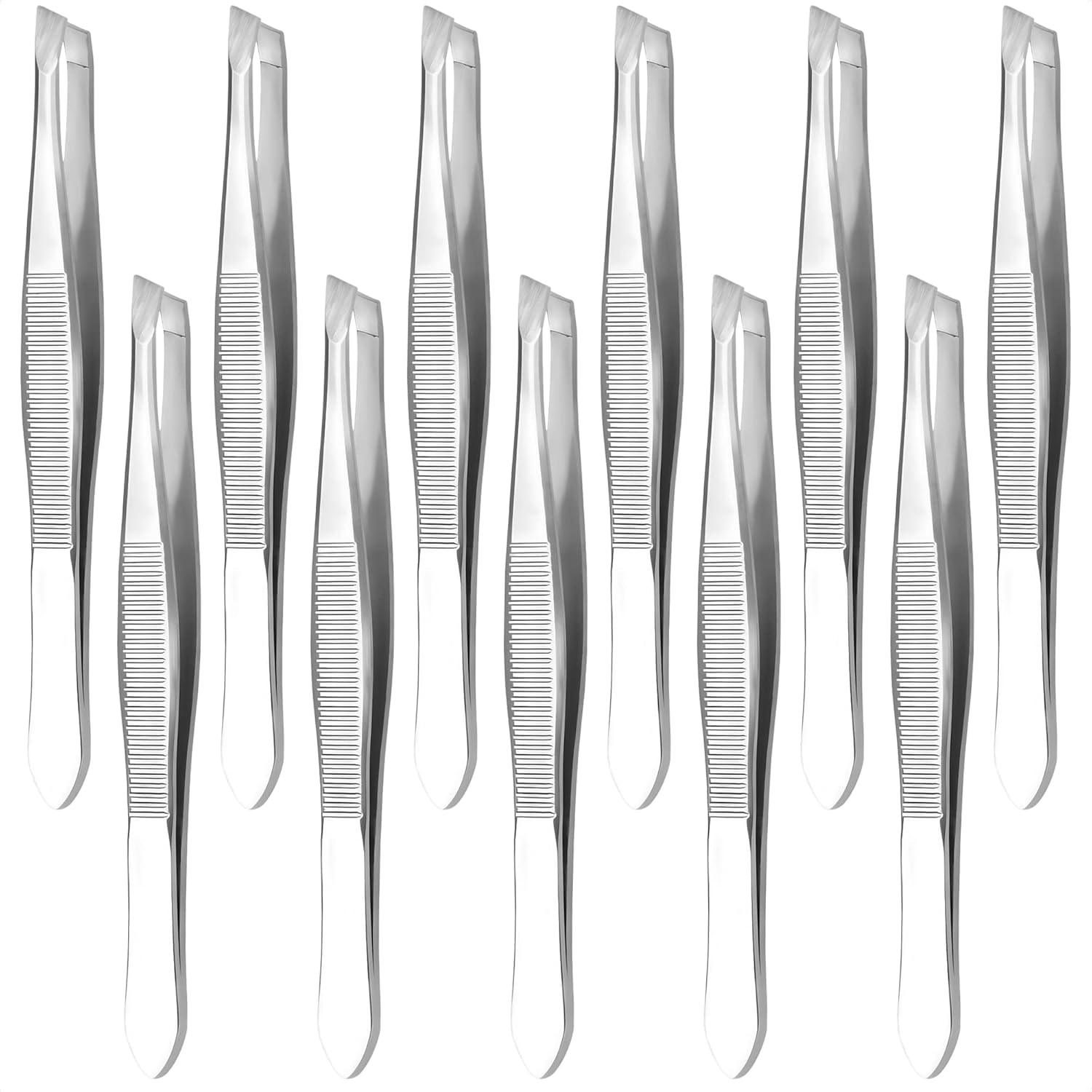 HYQO stainless steel slanted eyebrow tweezers twelve piece bulk pack front view showcasing premium metal finish