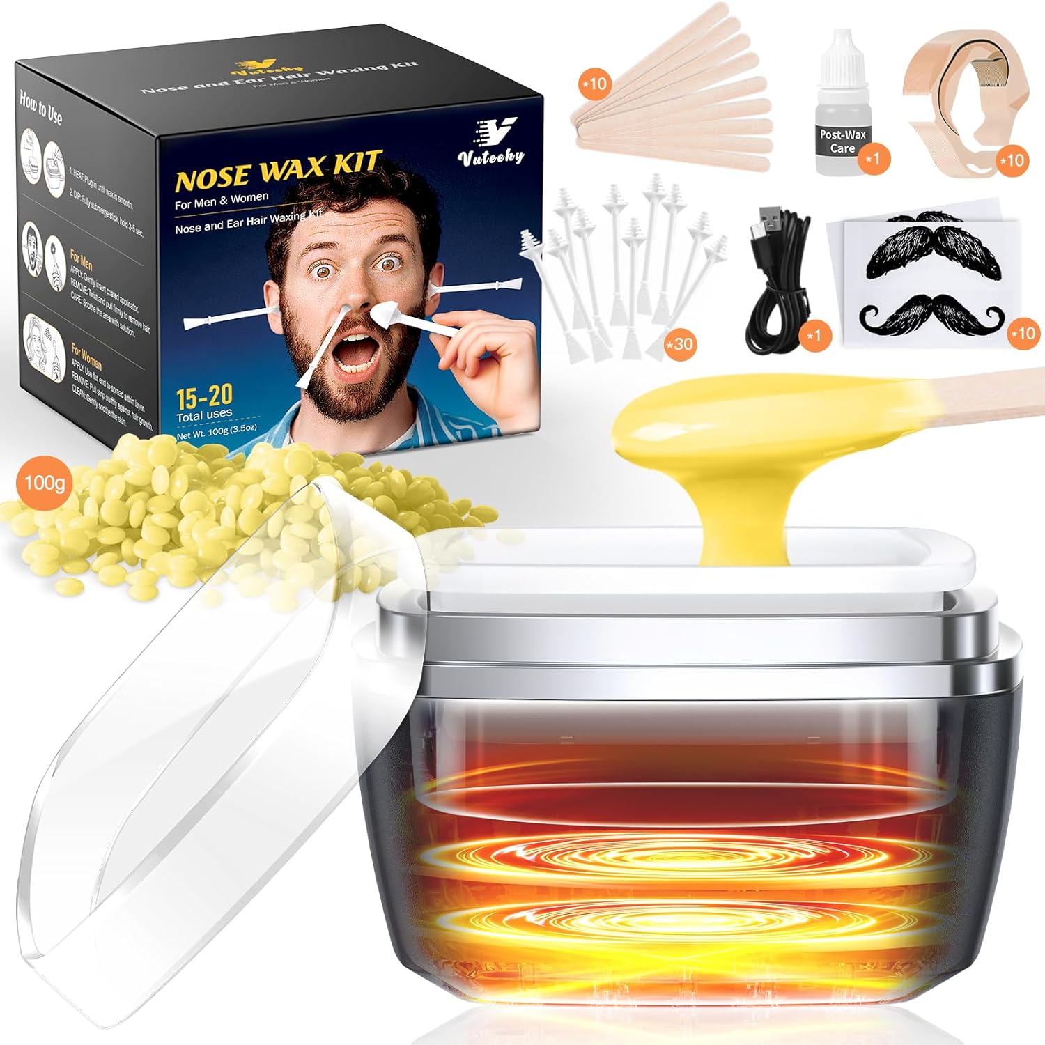 Vuteehy Nose Wax Kit Men front view showing yellow wax warmer and applicator sticks for authentic at-home grooming.