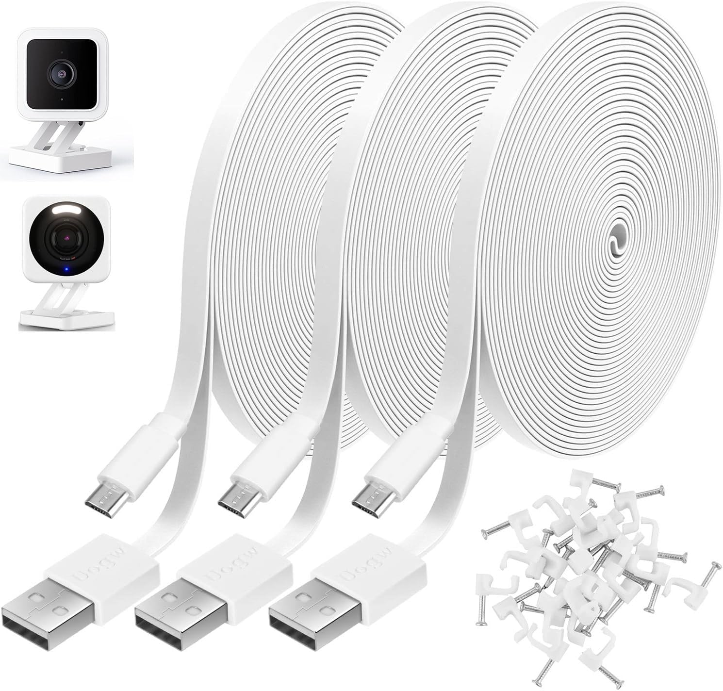 Uogw three pack ten foot power extension cable front view showing three white flat cords bundled together.