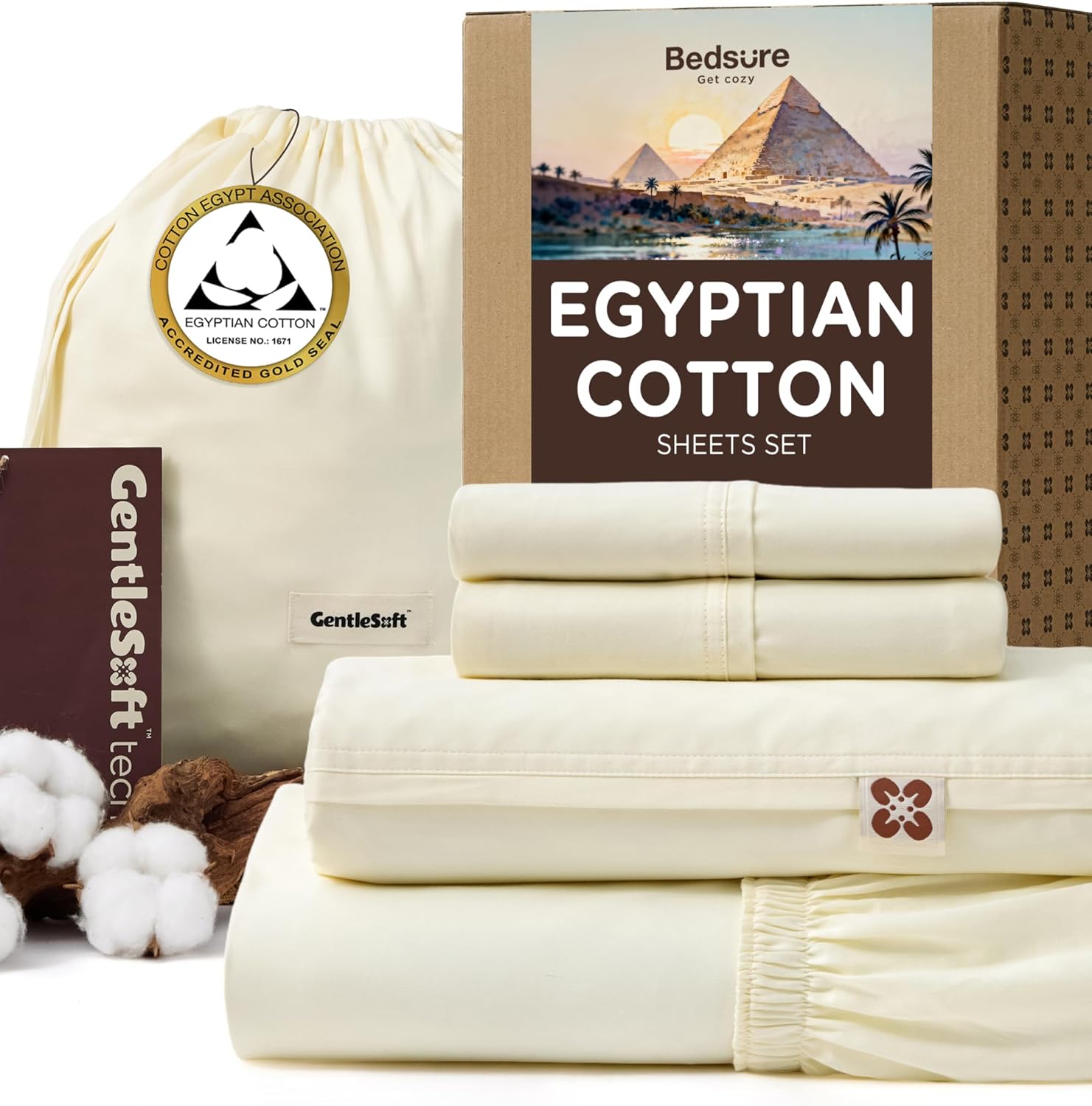 Bedsure 100% GIZA Egyptian Cotton Sheets King Size Ivory color front view on luxury bed set
