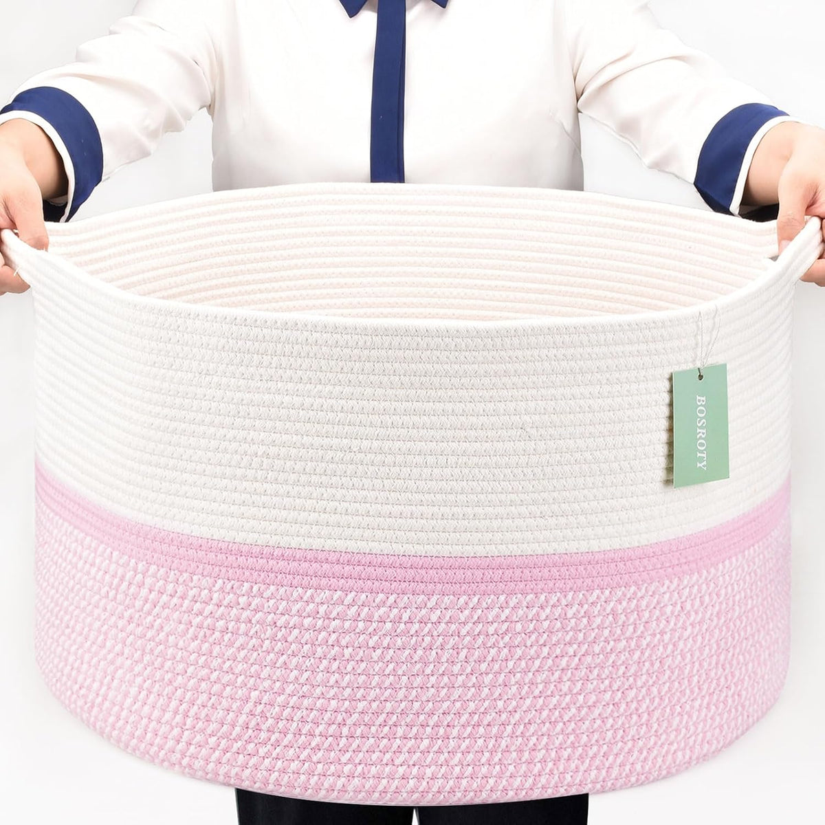 Large Cotton Rope Blanket Basket, 87L Laundry Hamper, White & Gray | Collapsible Woven Nursery Hamper, Sturdy Handles for Clothes Toys Towels, Ideal for Living Room Bedroom Bathroom - Image 12
