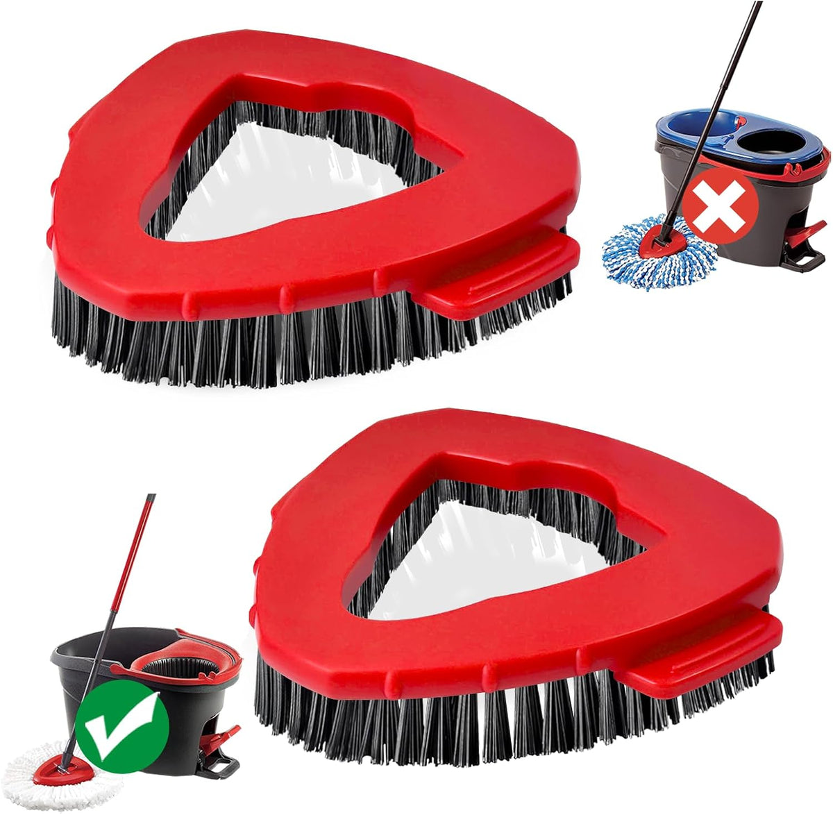 Koolstuffs spin mop scrub brush head front view showing red and black triangular base with hard bristles.
