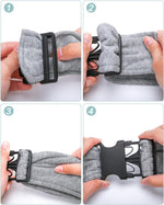 Side view of pet owner wearing gray dog carrier sling