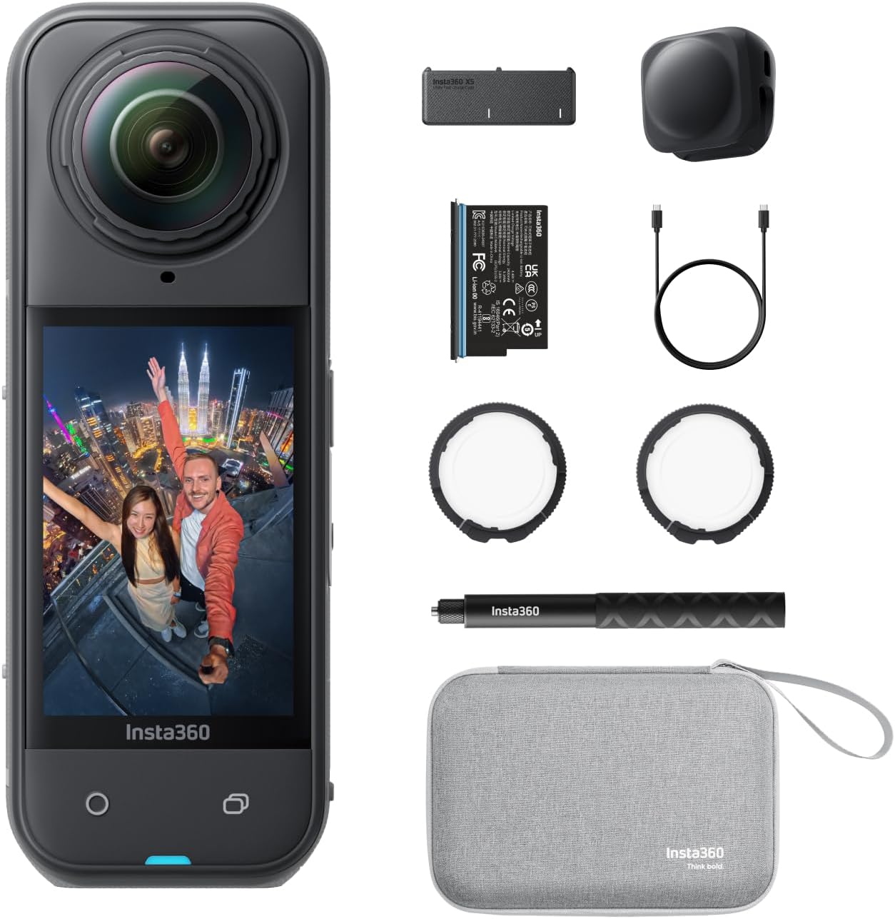 Insta360 X5 Essentials Bundle front view showcasing camera lens and body design