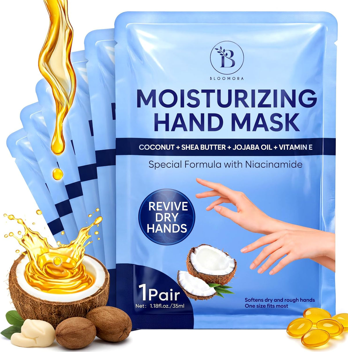BLOOMORA Repairing Hand Mask for Dry Cracked Hands, Hand Masks with Shea Butter, Jojoba Oil & Vitamin E, Moisturizing Gloves, Skin Care Gifts for Women & Men, Self Care Gifts for Women (2 Pairs) - Image 9