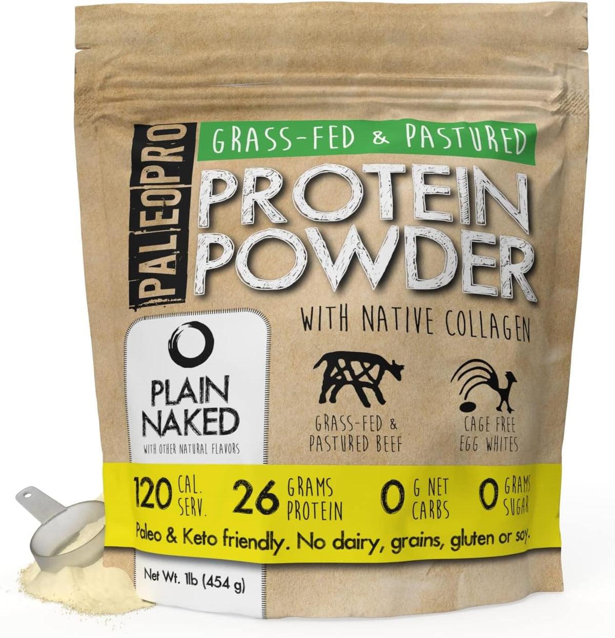 PaleoPro Protein Powder Plain Naked 16 Ounce front view of authentic USA packaging.