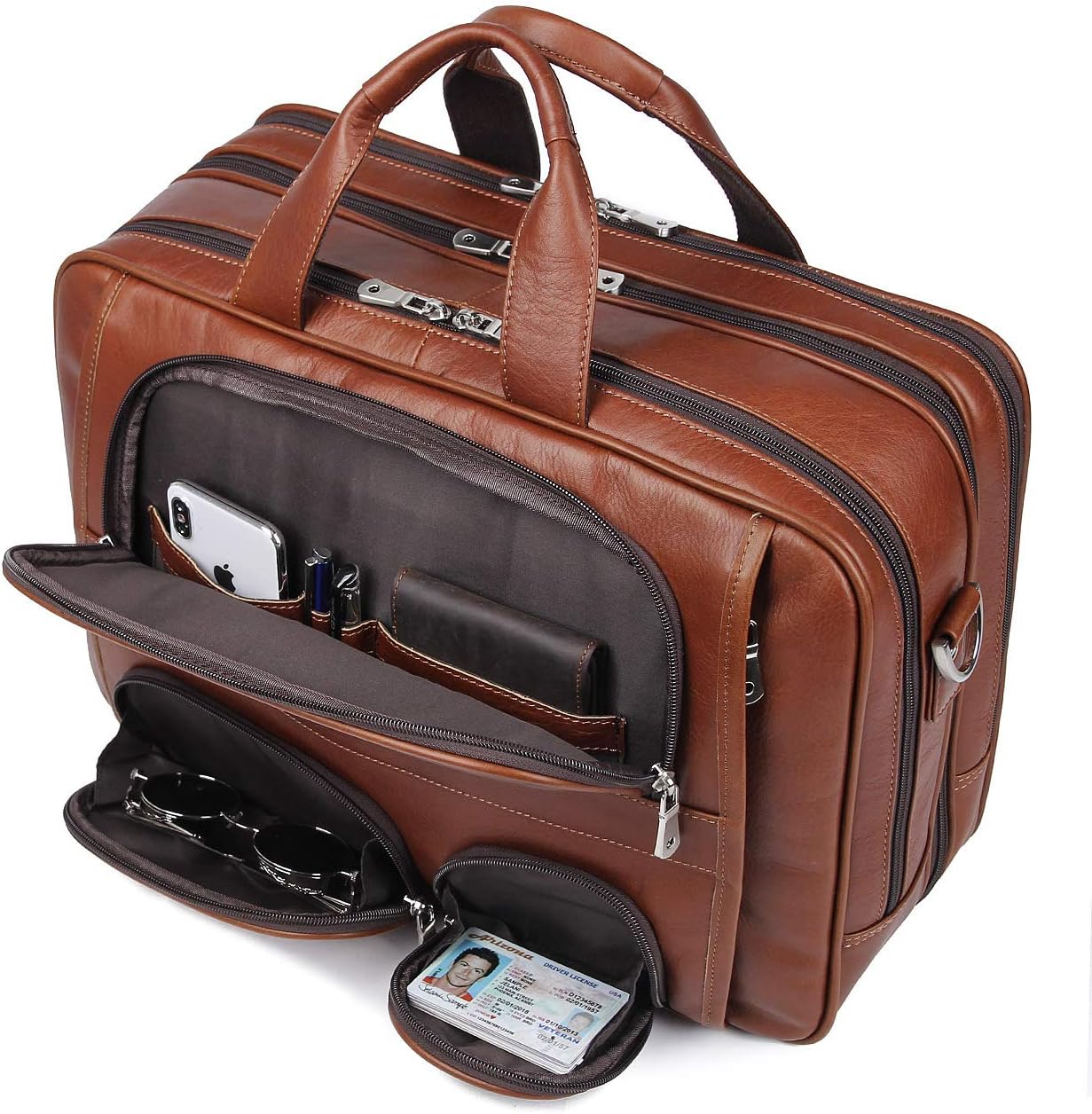 Augus genuine leather business travel briefcase front view