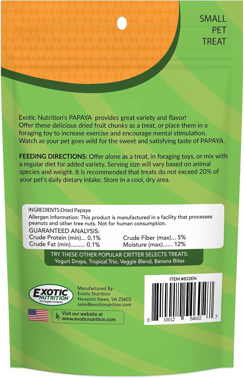 Exotic Nutrition authentic USA imported small animal dried papaya treat packaging.