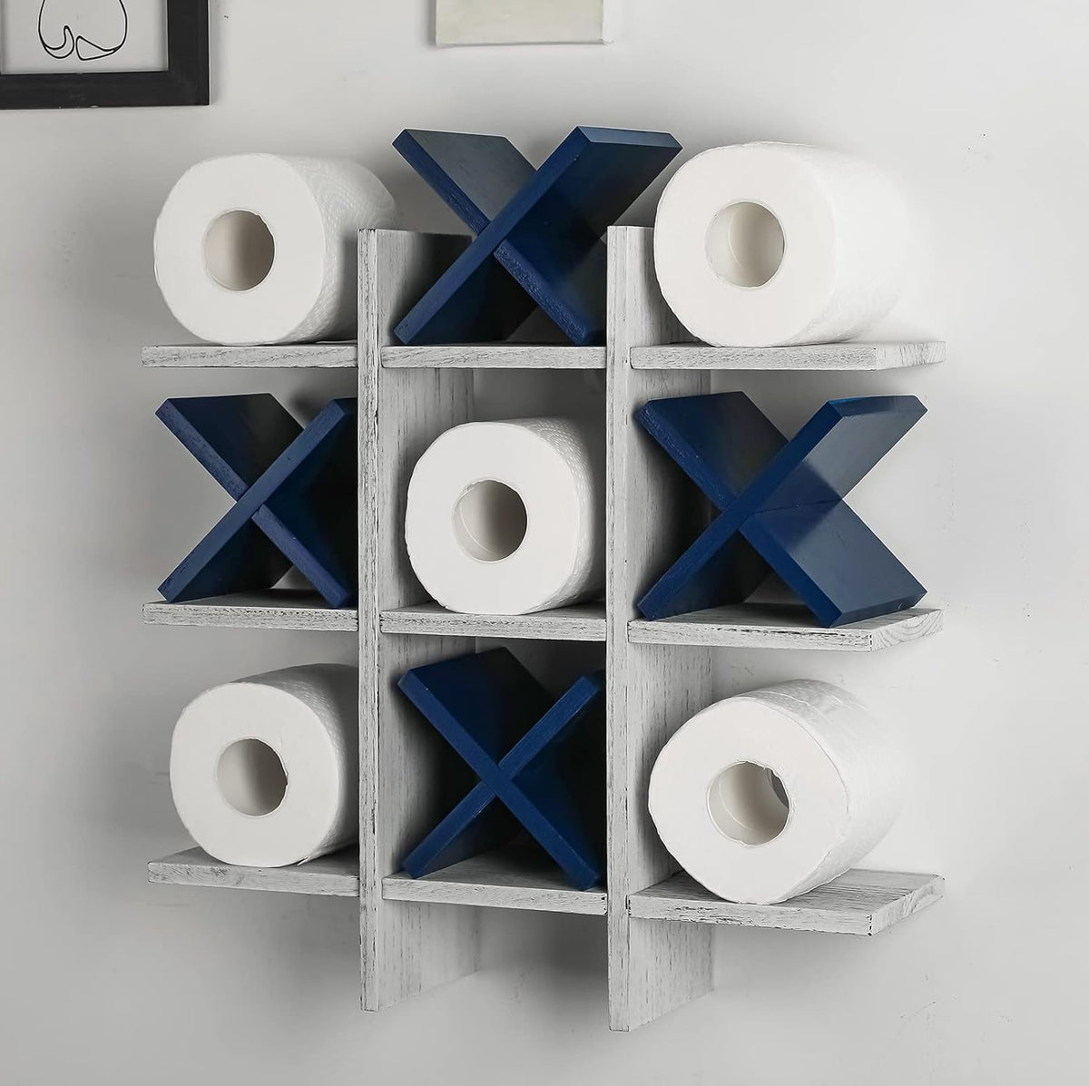 Weysat Tic Tac Toe Toilet Paper Holder Stand Bathroom Wall Decor Rustic Wooden Hanging Storage Freestanding Wall Mounted Shelves Decor for Toilet Tissue Farmhouse - Image 14