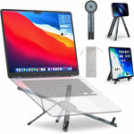 Makecatch adjustable laptop stand front view showing the sleek silver aluminum design on an office desk setting.
