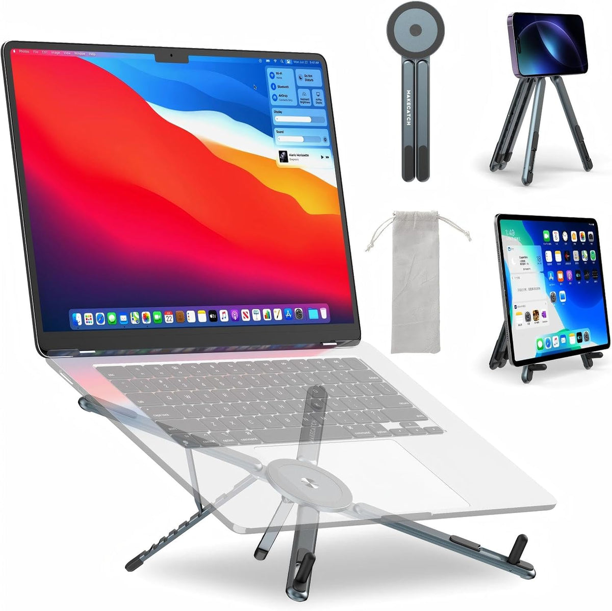 Makecatch adjustable laptop stand front view showing the sleek silver aluminum design on an office desk setting.