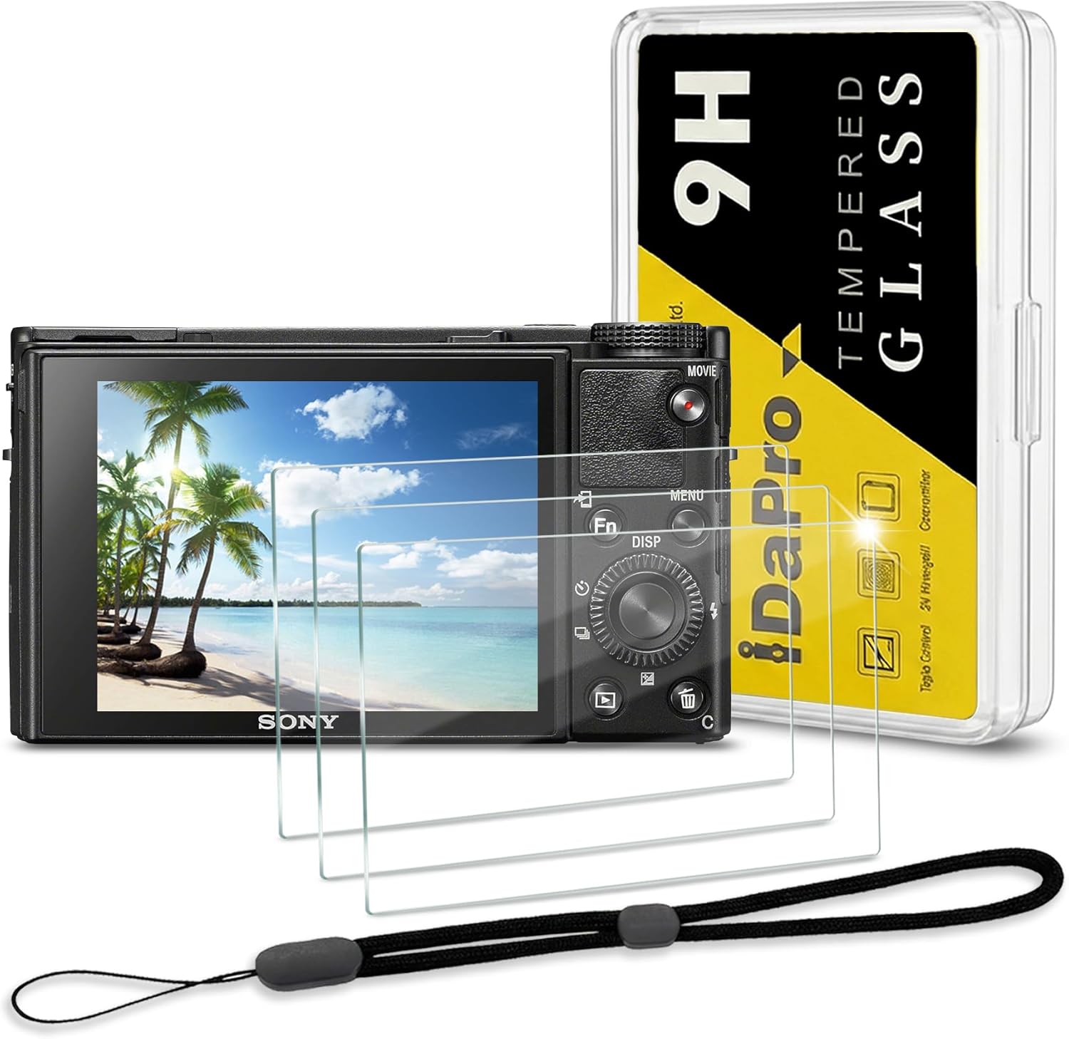 iDaPro Sony RX100 screen protector pack front view showing tempered glass sheets