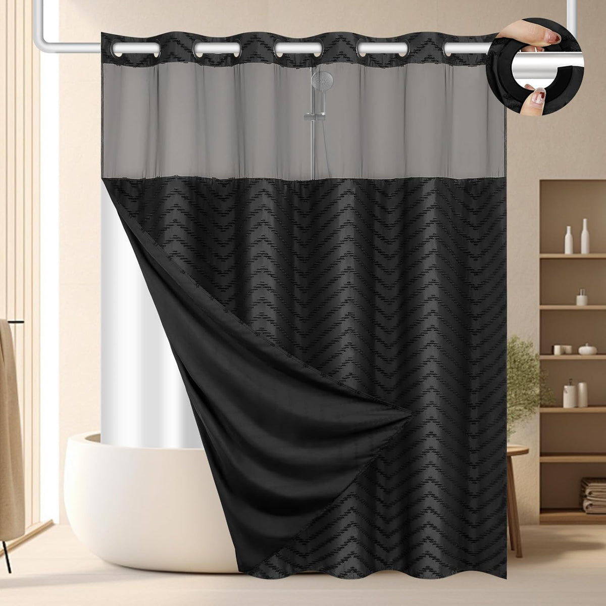 FADOTY no hook shower curtain black chevron front view in modern bathroom