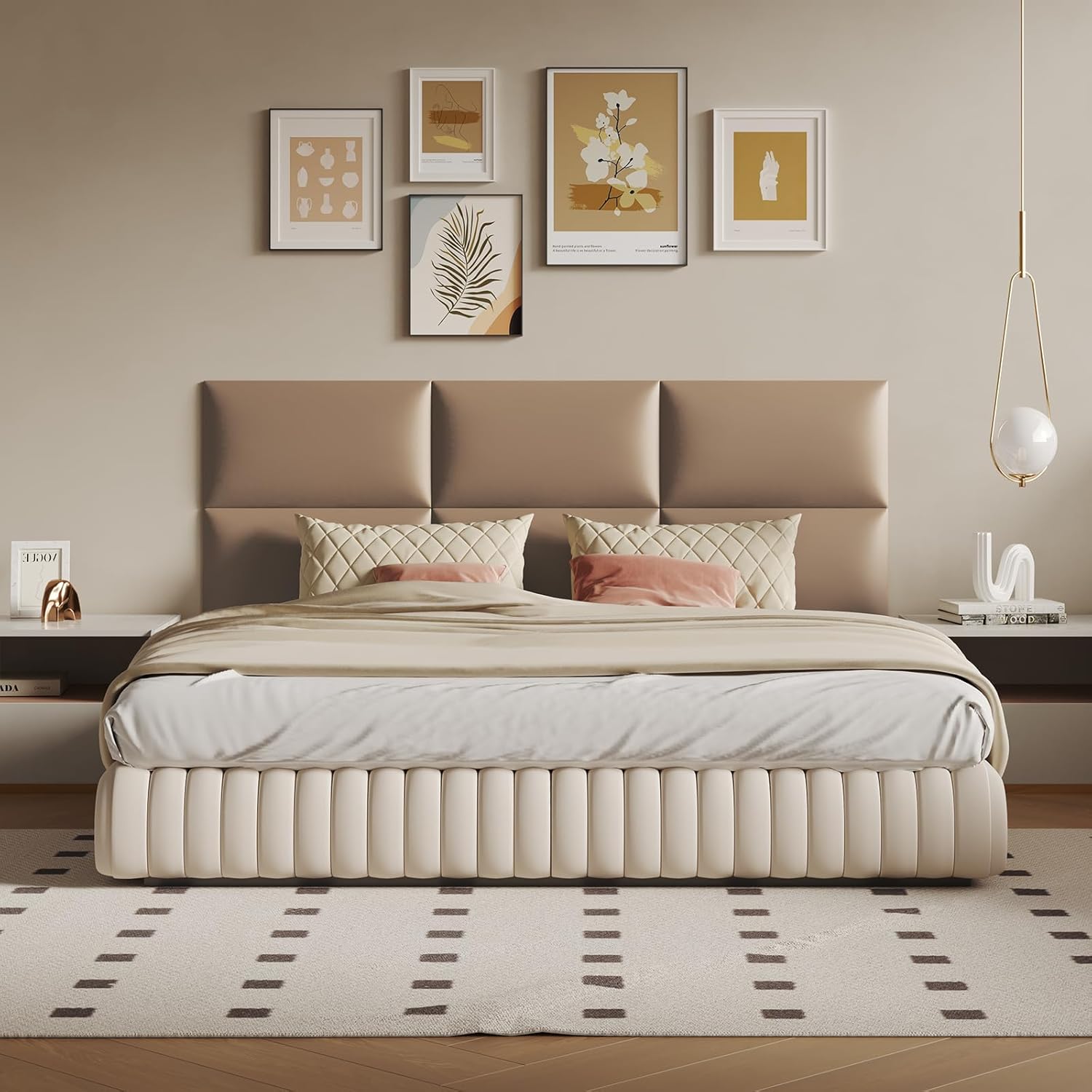 MAQQL light brown wall mounted upholstered headboard panels front view grid arrangement over a king size bed