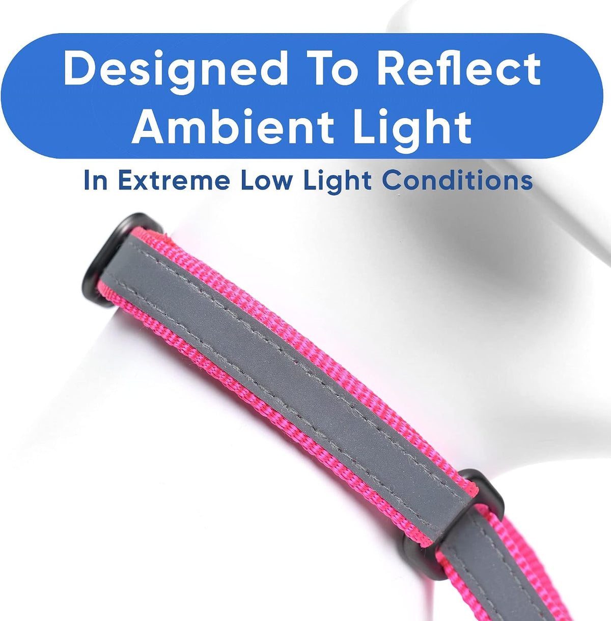 Pawtitas pink custom dog collar angled view displaying reflective safety strips