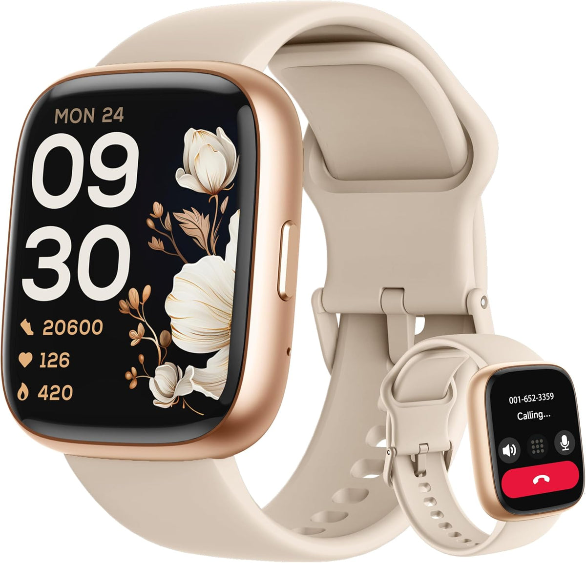 LODIMEKE Smart Watch front view displaying customizable floral watch face on premium screen.