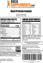 Side view of BulkSupplements 250 grams beef protein bag highlighting clear dosage and usage instructions.