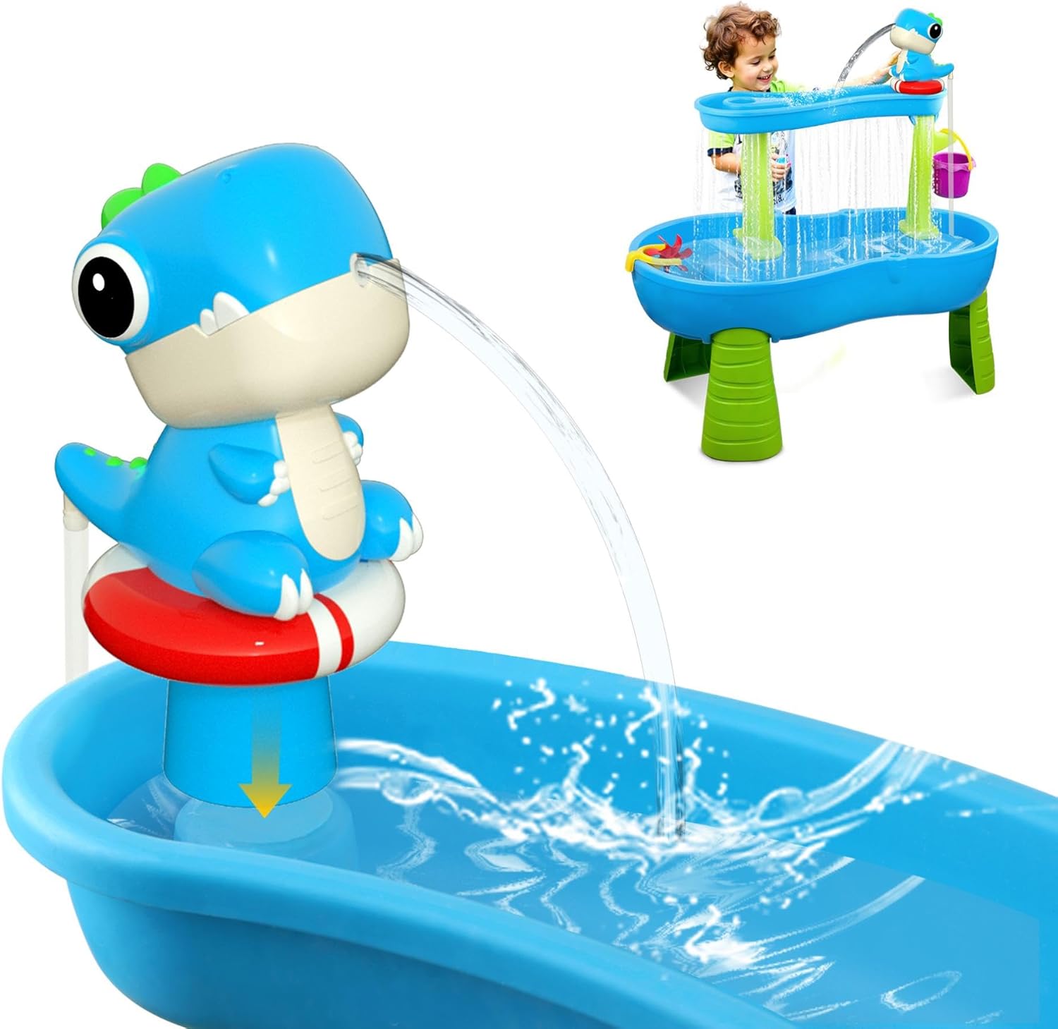 Yeahbof battery powered dinosaur water table pump front view showing purple dino design