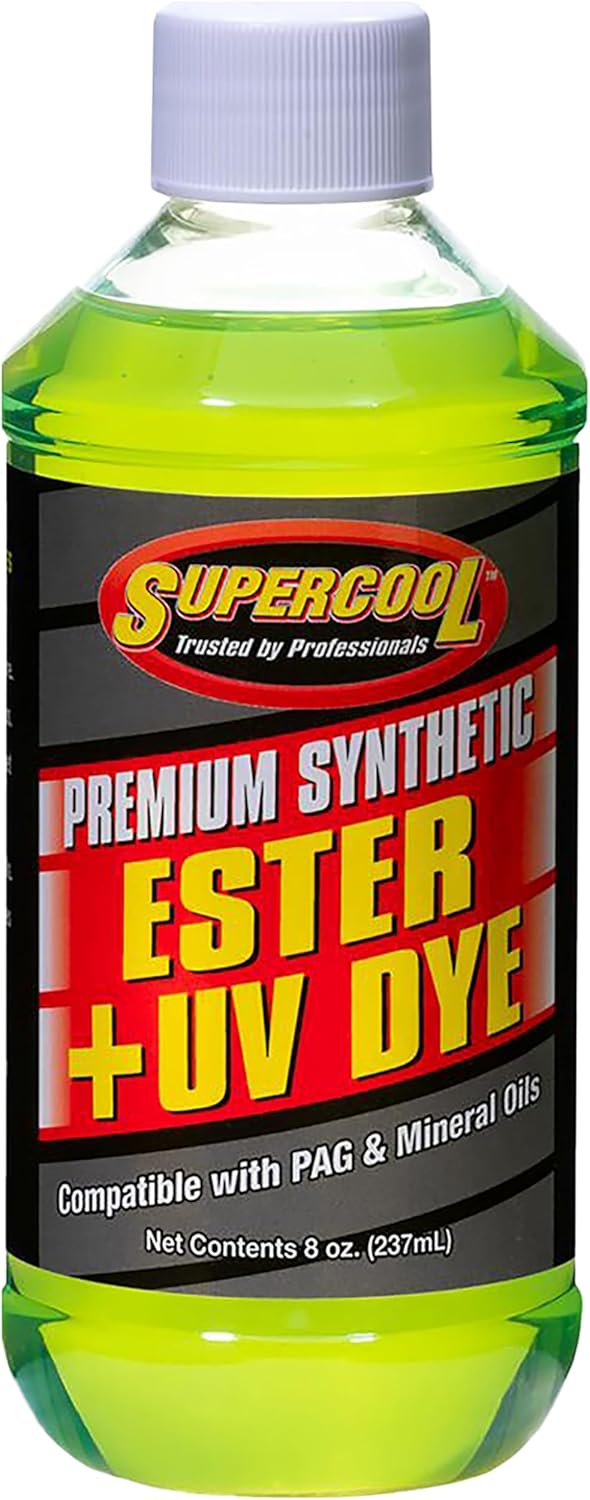 TSI Supercool E8 Ester Oil with UV Dye 8 Ounce front view bottle of synthetic compressor lubricant for automotive air conditioning maintenance