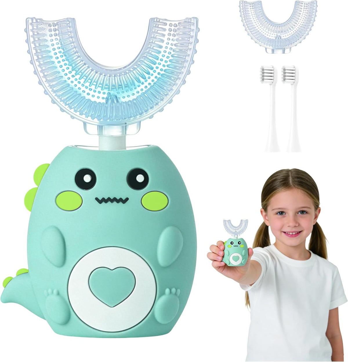 KEGOZ Kids Electric U Shaped Toothbrush front view in green dinosaur design.