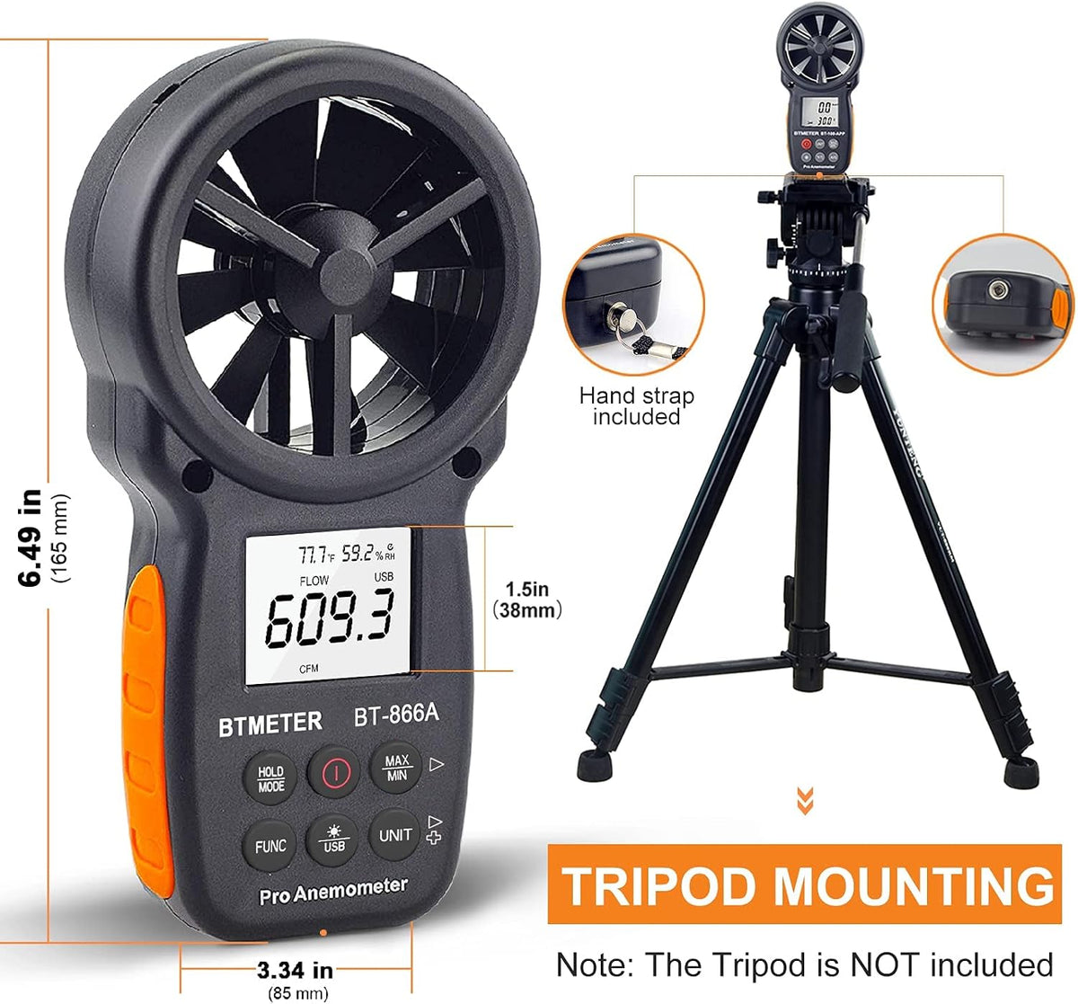 Rear view of the handheld anemometer highlighting the battery compartment and mount
