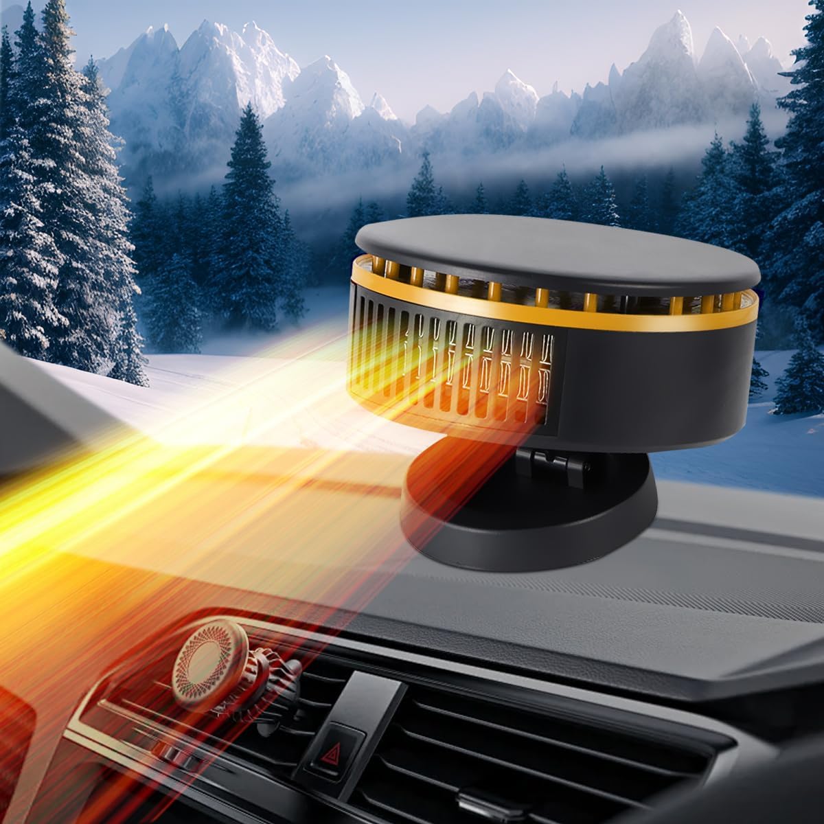 Genel portable car heater front view showcasing the compact black housing and wide air outlet grilles on a vehicle dashboard.