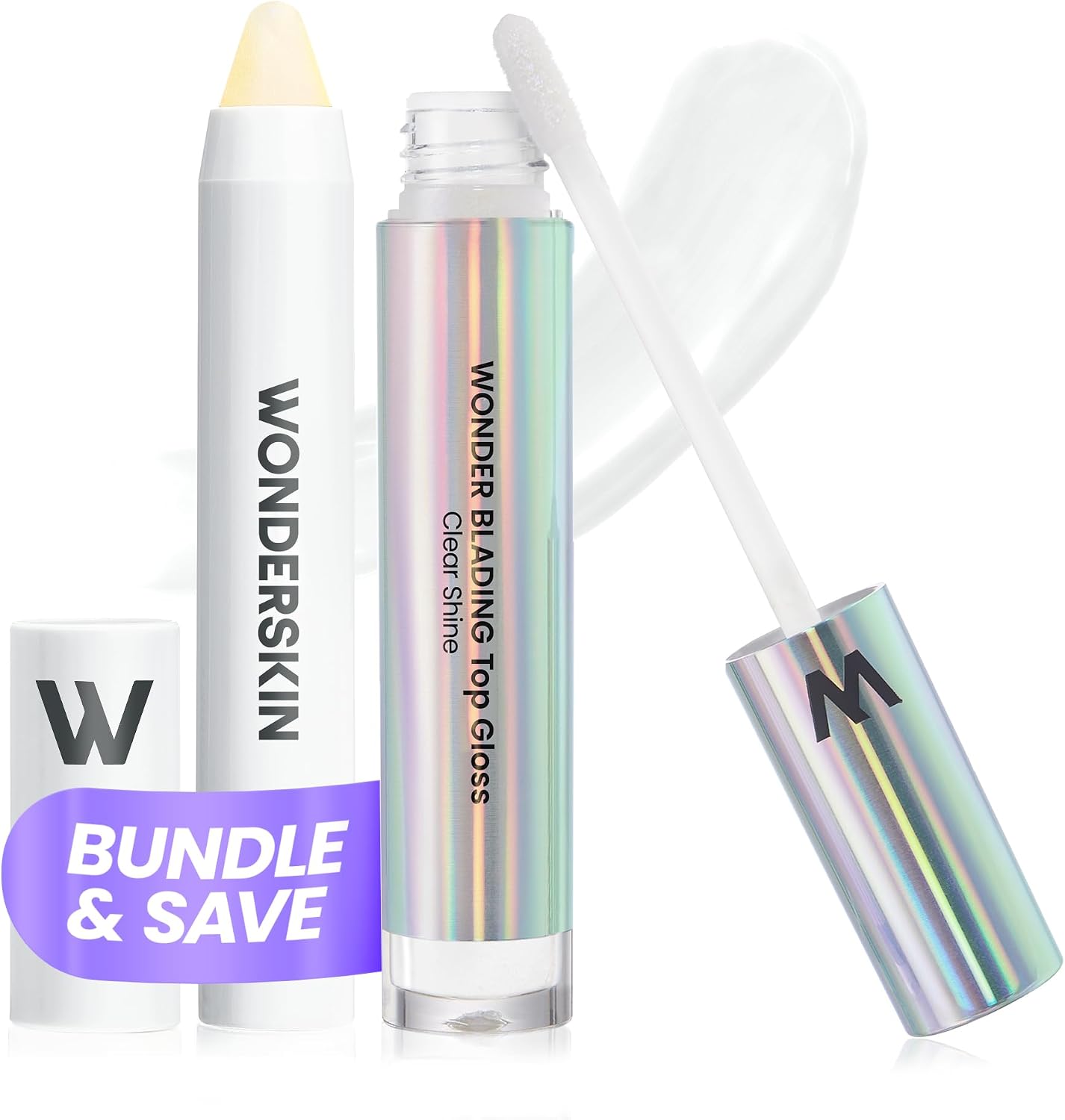 Wonderskin Top Gloss Clear Shine and Wonder Blading Lip Scrub Set front view showcasing the packaging and applicator wand.