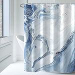 AWERT blue marble shower curtain front view hanging in a modern bathroom setup