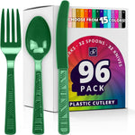 DecorRack Plastic Cutlery Set front view with 96 pieces of green utensils.