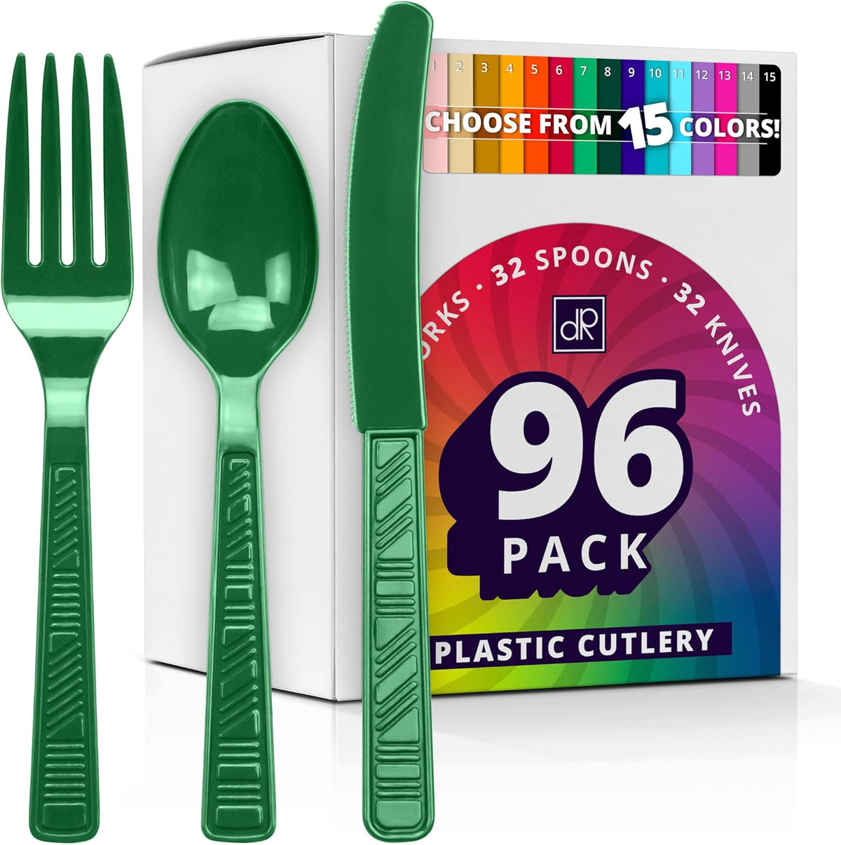 DecorRack Plastic Cutlery Set front view with 96 pieces of green utensils.