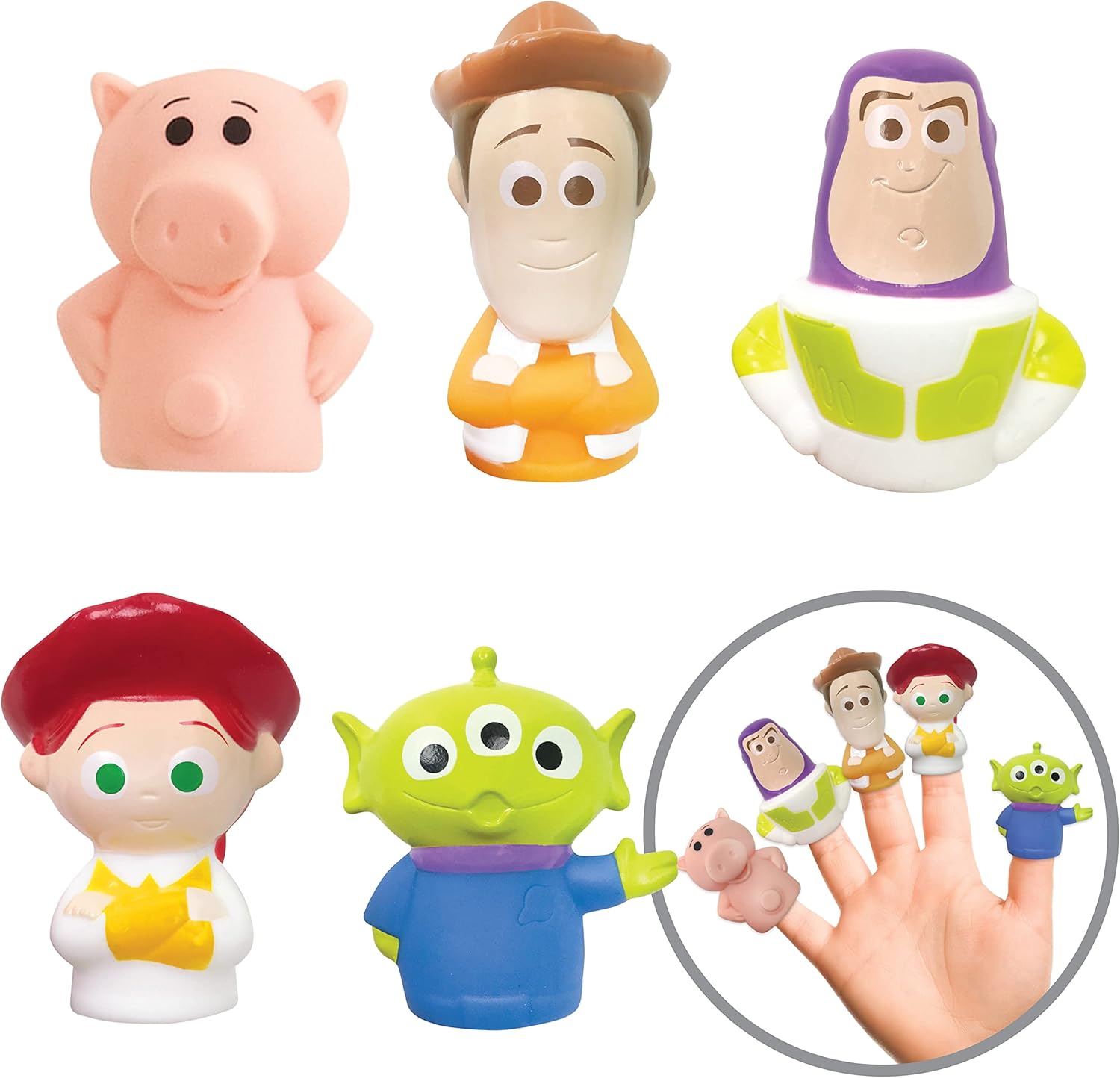 Disney Toy Story bath finger puppets front view showing five characters packaged together.